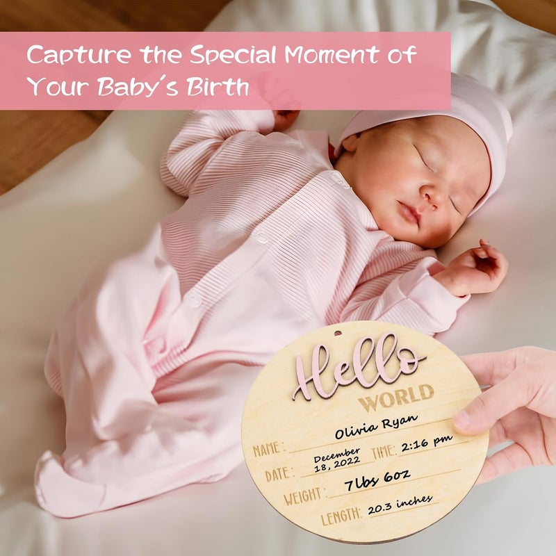 Giftacity Hello World Announcement Sign for Girl: Wooden Pink Baby Newborn Signs for Hospital with Footprint - Round Baby Birth Board for Welcome New Girl - Image 2